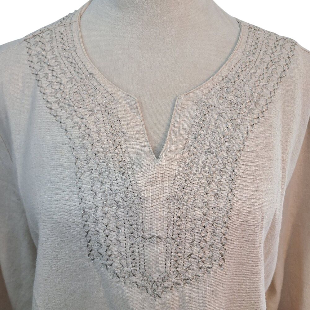 Christopher & Banks Sz XL Embroidered Beads Tunic Peasant Beige Coastal Grandma